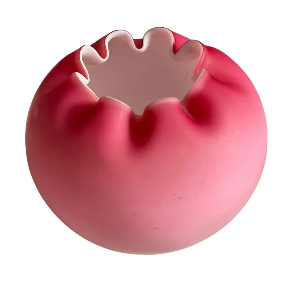Vintage Victorian Pink Satin Glass Crimped Rose Bowl Ruffled Vase Ombre READ